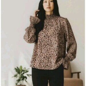 Animal Cheetah Print Top Size L Solution Brown Office Mock Neck